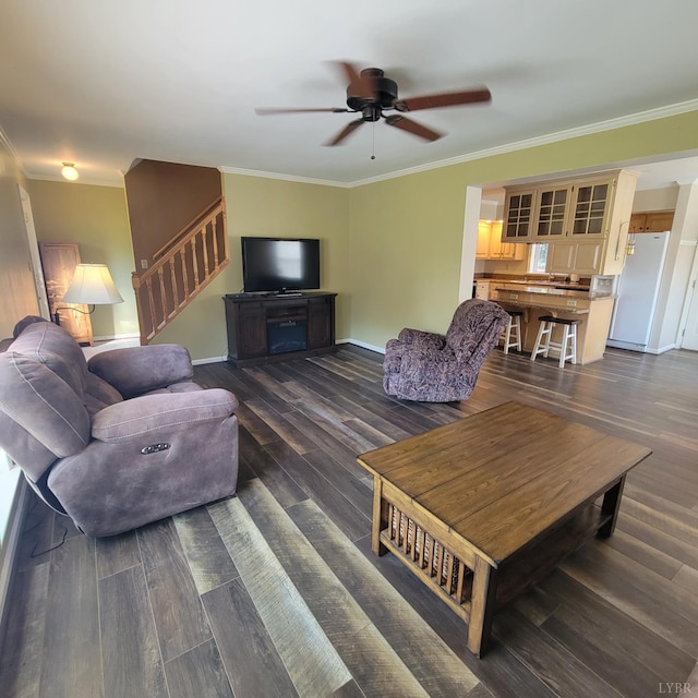 509 Meadowbrook Ln, Rustburg, VA 24588 - living area featuring ornamental molding, ceiling fan, stairway, and dark wood-type flooring