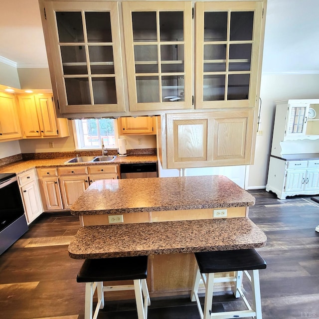 509 Meadowbrook Ln, Rustburg, VA 24588 - kitchen with stainless steel appliances, crown molding, light brown cabinets, and a kitchen breakfast bar