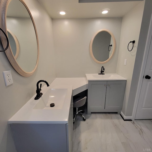 509 Meadowbrook Ln, Rustburg, VA 24588 - bathroom with two vanities, marble finish floors, and recessed lighting