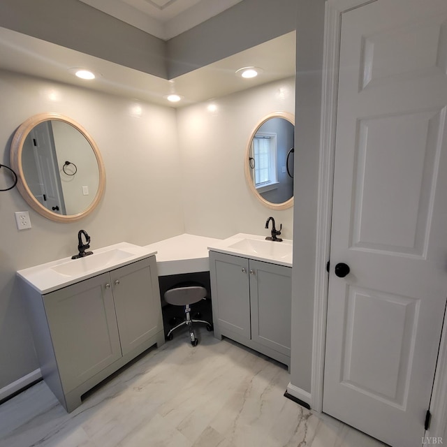509 Meadowbrook Ln, Rustburg, VA 24588 - bathroom with two vanities, recessed lighting, and marble finish floors