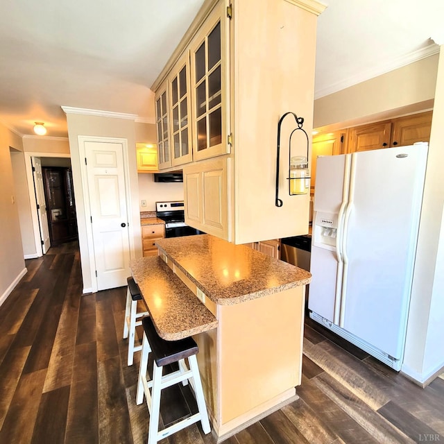 509 Meadowbrook Ln, Rustburg, VA 24588 - kitchen featuring white fridge with ice dispenser, crown molding, dark wood-style floors, a center island, and electric range oven