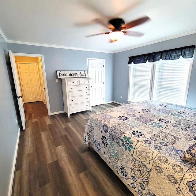 509 Meadowbrook Ln, Rustburg, VA 24588 - bedroom featuring dark wood-type flooring, ornamental molding, a closet, and a ceiling fan
