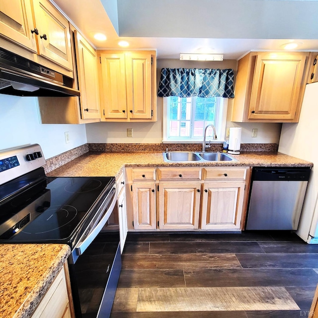 509 Meadowbrook Ln, Rustburg, VA 24588 - kitchen with appliances with stainless steel finishes, under cabinet range hood, light countertops, recessed lighting, and dark wood finished floors
