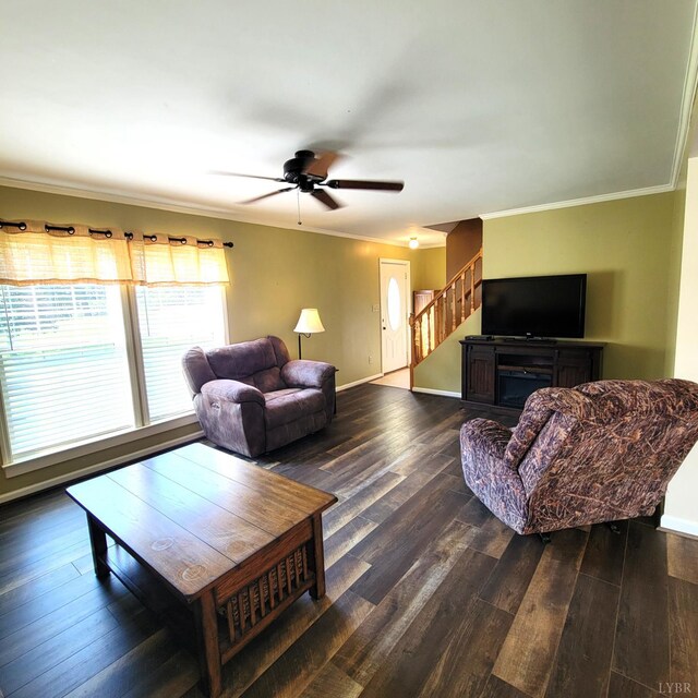 509 Meadowbrook Ln, Rustburg, VA 24588 - living room featuring stairs, a ceiling fan, wood finished floors, and ornamental molding