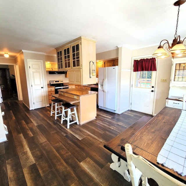 509 Meadowbrook Ln, Rustburg, VA 24588 - kitchen with white refrigerator with ice dispenser, ornamental molding, a center island, dark wood finished floors, and exhaust hood