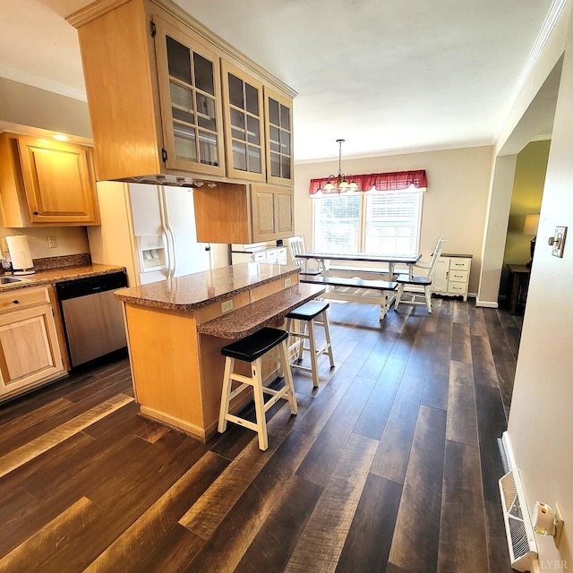509 Meadowbrook Ln, Rustburg, VA 24588 - kitchen featuring stainless steel dishwasher, crown molding, a center island, dark wood-style floors, and glass insert cabinets