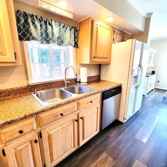 509 Meadowbrook Ln, Rustburg, VA 24588 - kitchen with dishwasher, ornamental molding, light brown cabinetry, dark wood-style floors, and white refrigerator with ice dispenser