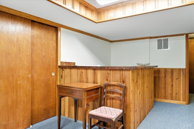 4317 Montgomery Rd, Lynchburg, VA 24503 - indoor dry bar with carpet flooring, a wainscoted wall, wooden walls, and crown molding