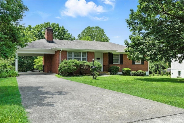 4317 Montgomery Rd, Lynchburg, VA 24503 - single story home with a chimney, brick siding, a front lawn, asphalt driveway, and an attached carport