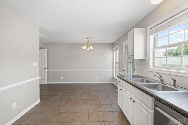 1036 Middle View Dr, Forest, VA 24551 - kitchen with dishwasher, white cabinetry, a chandelier, dark countertops, and pendant lighting