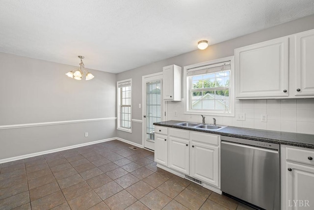 1036 Middle View Dr, Forest, VA 24551 - kitchen with dishwasher, dark countertops, a chandelier, white cabinetry, and backsplash
