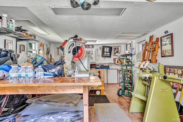 519 Belvedere St, Lynchburg, VA 24503 - miscellaneous room with a textured ceiling, wood finished floors, attic access, and a workshop area