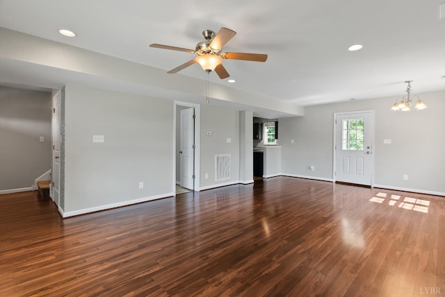 202 Bonterra Pl, Lynchburg, VA 24501 - unfurnished living room featuring a ceiling fan, dark wood-style flooring, a chandelier, and recessed lighting