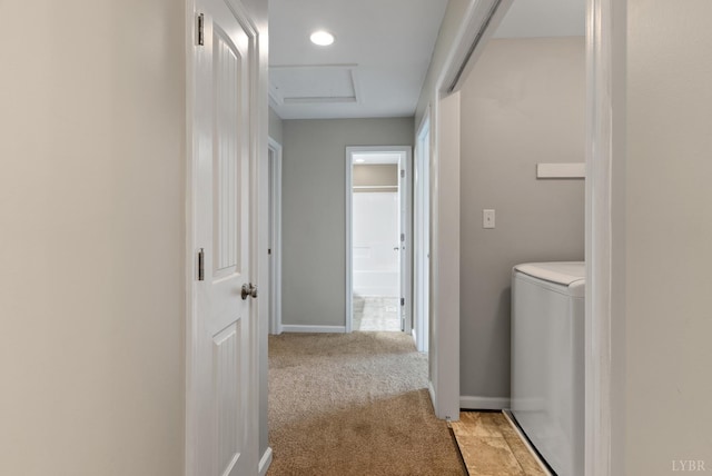 202 Bonterra Pl, Lynchburg, VA 24501 - washroom with attic access, light colored carpet, and washer / dryer