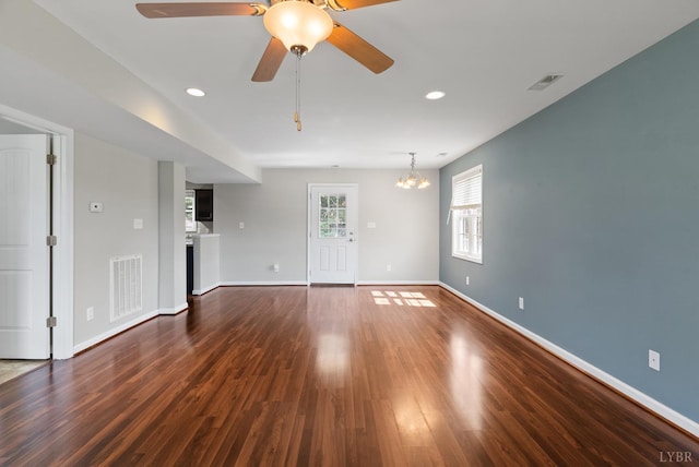 202 Bonterra Pl, Lynchburg, VA 24501 - unfurnished living room with wood finished floors, a chandelier, a ceiling fan, and recessed lighting
