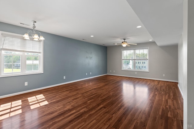 202 Bonterra Pl, Lynchburg, VA 24501 - empty room with dark wood-type flooring, a chandelier, recessed lighting, and a ceiling fan