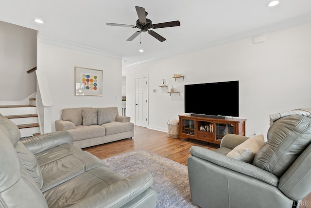 1055 Graystone Ln, Forest, VA 24551 - living room with ornamental molding, a ceiling fan, stairs, wood finished floors, and recessed lighting