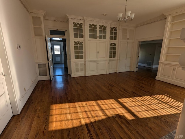 4059 Lowry Rd, Goode, VA 24570 - unfurnished dining area with a chandelier, dark wood finished floors, and ornamental molding