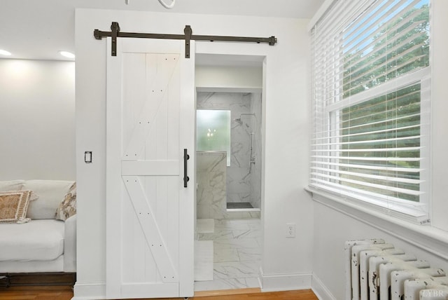 2212 Rivermont Ave, Lynchburg, VA 24503 - corridor featuring radiator heating unit, marble look tiles, and a barn door