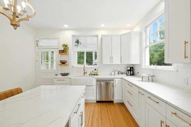 2212 Rivermont Ave, Lynchburg, VA 24503 - kitchen featuring dishwasher, a chandelier, decorative backsplash, and recessed lighting