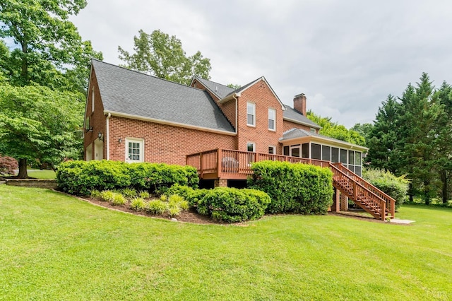 102 Stirling Ct, Forest, VA 24551 - rear view of property with a sunroom, brick siding, stairs, a chimney, and a wooden deck