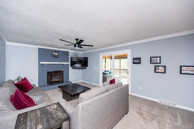 102 Stirling Ct, Forest, VA 24551 - living area with ceiling fan, carpet floors, a fireplace, ornamental molding, and a textured ceiling