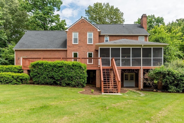 102 Stirling Ct, Forest, VA 24551 - back of property featuring a sunroom, stairs, a chimney, brick siding, and a lawn