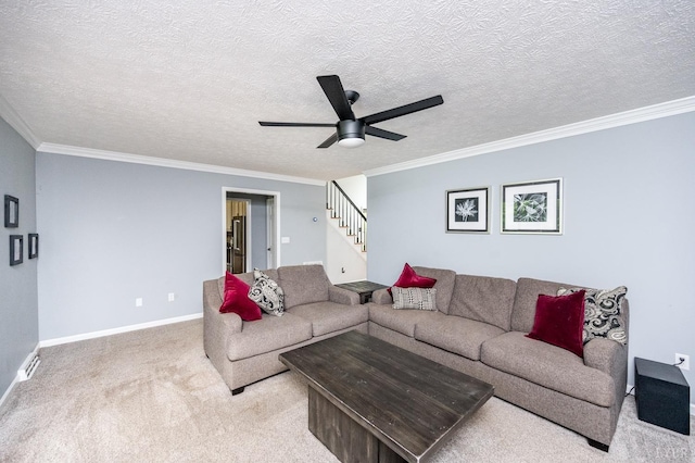 102 Stirling Ct, Forest, VA 24551 - carpeted living room with stairs, a ceiling fan, crown molding, and a textured ceiling