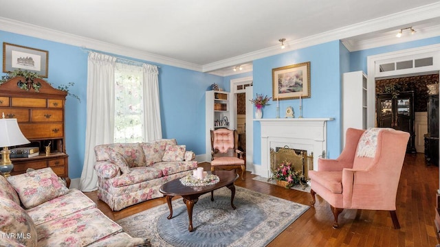 740 W 2nd N St, Morristown, TN 37814 - living room with a fireplace with flush hearth, dark wood finished floors, and ornamental molding