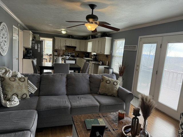 living room with hardwood / wood-style flooring, ornamental molding, plenty of natural light, and ceiling fan