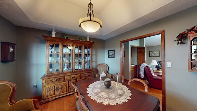 dining room featuring hardwood / wood-style floors and a tray ceiling