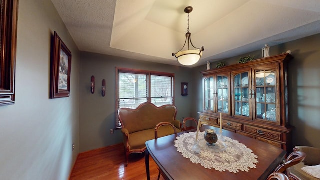 dining area with hardwood / wood-style floors and a raised ceiling