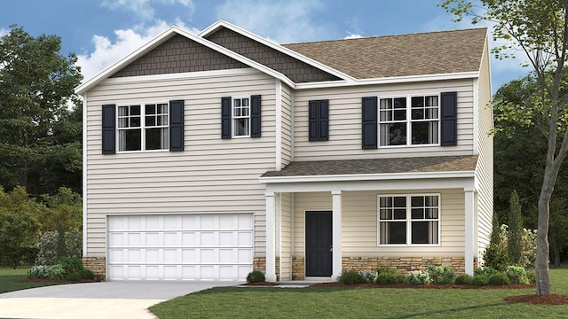 view of front of home with a shingled roof, concrete driveway, an attached garage, stone siding, and a front lawn