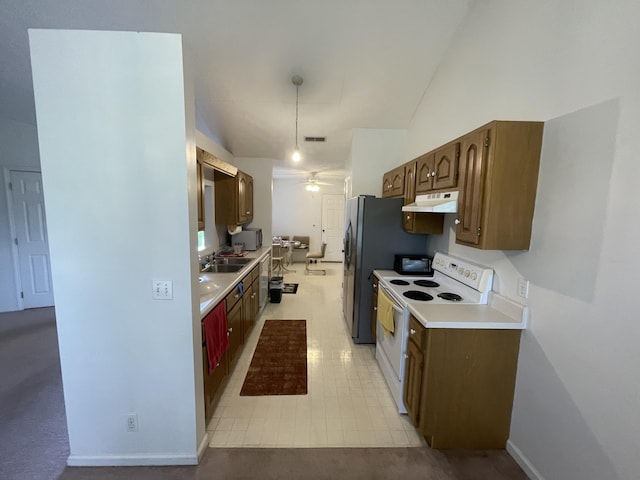 kitchen featuring electric stove, under cabinet range hood, a sink, a ceiling fan, and light countertops