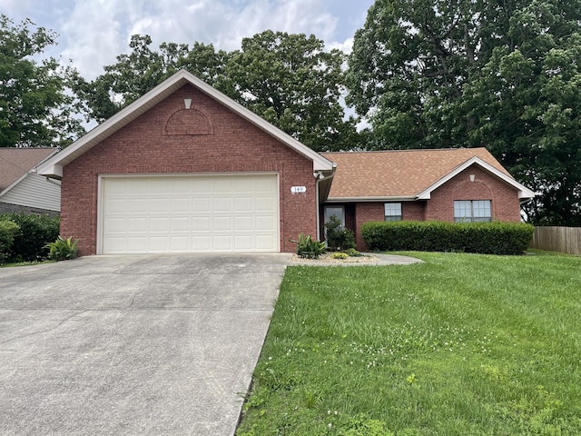 ranch-style house with brick siding, concrete driveway, a garage, and roof with shingles