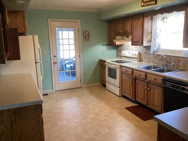 kitchen with crown molding, sink, decorative backsplash, black dishwasher, and white electric stove