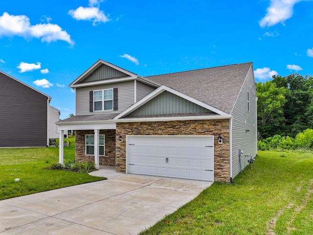 305 Eclipse Ln, Knoxville, TN 37924 - craftsman-style home featuring stone siding, driveway, a front lawn, a shingled roof, and board and batten siding