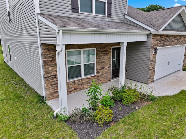 305 Eclipse Ln, Knoxville, TN 37924 - view of side of home featuring stone siding, roof with shingles, a garage, and a lawn