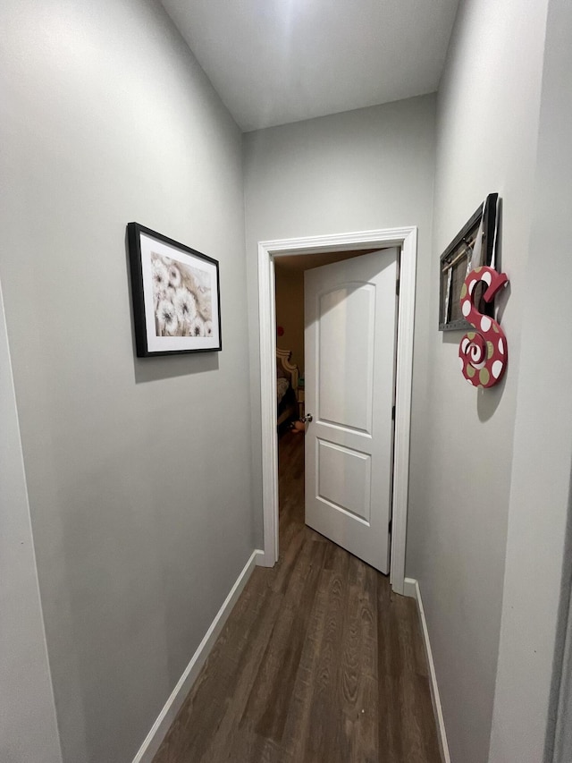 hallway featuring dark wood finished floors and baseboards