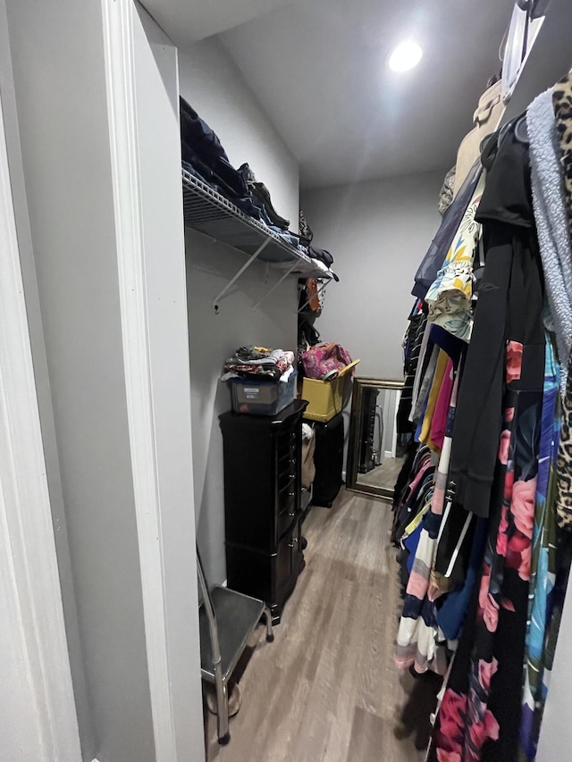 walk in closet with wood finished floors