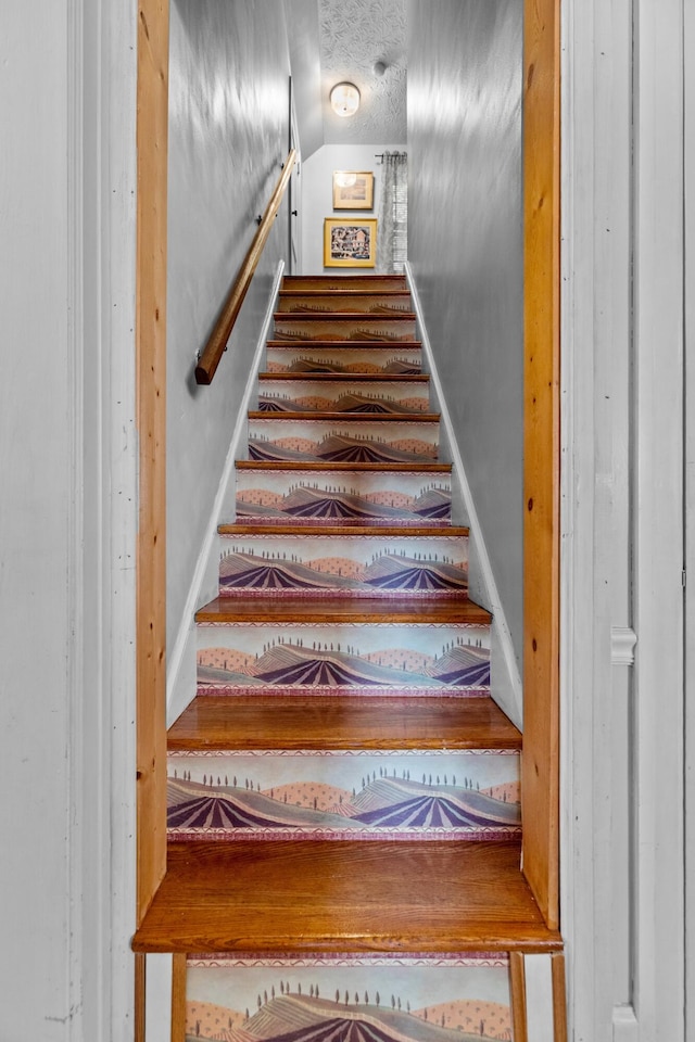 3004 Vine St, White Pine, TN 37890 - staircase with lofted ceiling and a textured ceiling