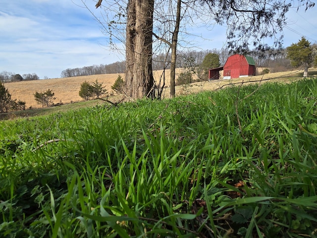 view of yard with an outbuilding, a rural view, and a barn