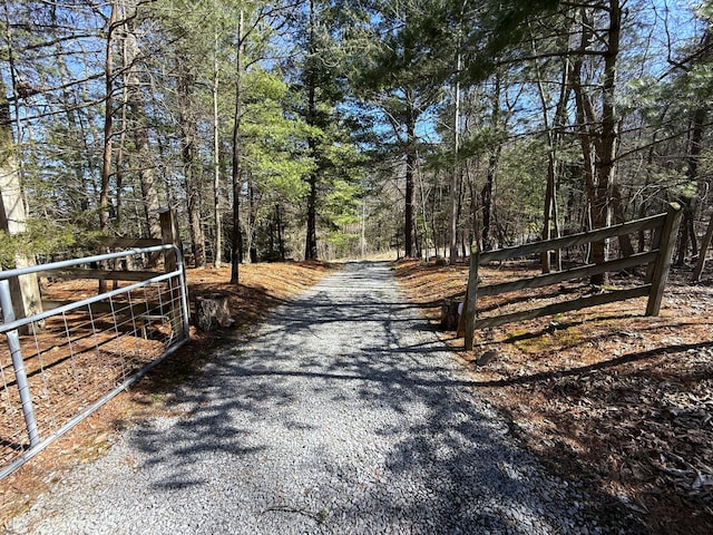 view of street with a gated entry and a wooded view