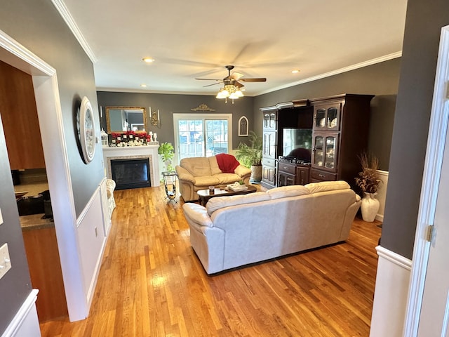 living room with ceiling fan, light hardwood / wood-style floors, and crown molding