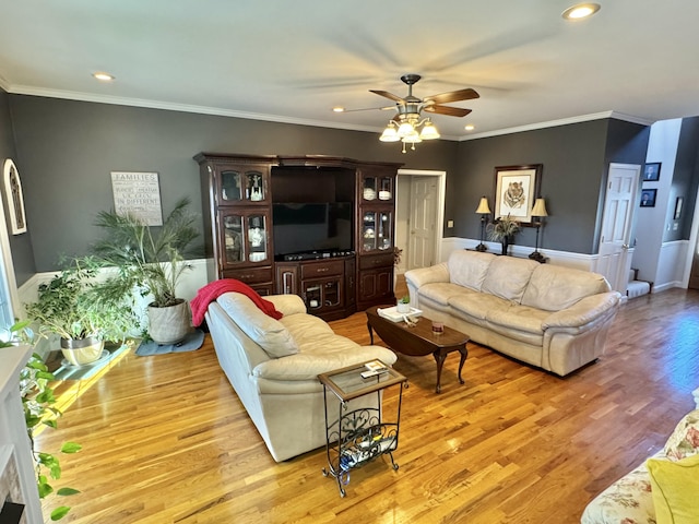 living room featuring ceiling fan, light wood-type flooring, and crown molding