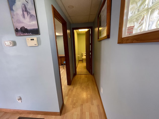 corridor with a paneled ceiling and light hardwood / wood-style floors