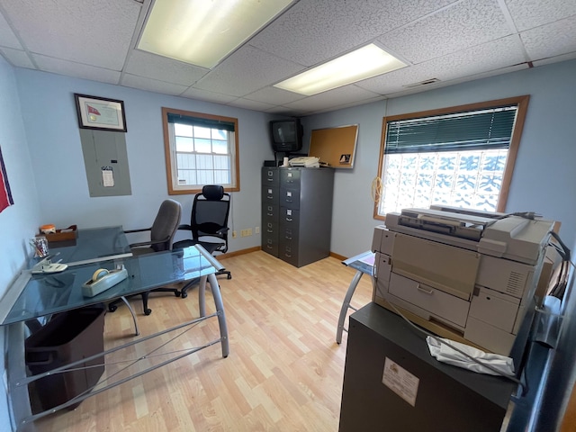 office area featuring light wood-type flooring and a drop ceiling