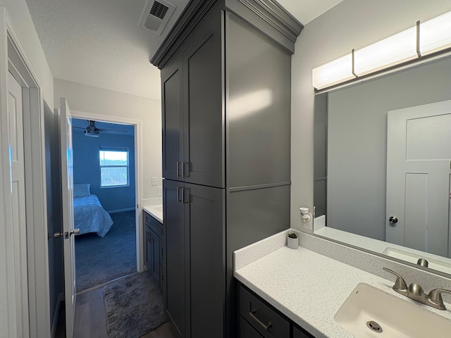 ensuite bathroom featuring visible vents, vanity, a textured ceiling, and ensuite bathroom