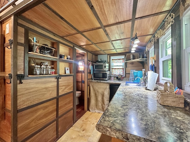 4140 Chavis Rd, Cosby, TN 37722 - kitchen featuring stainless steel microwave, wooden ceiling, open shelves, and light wood finished floors