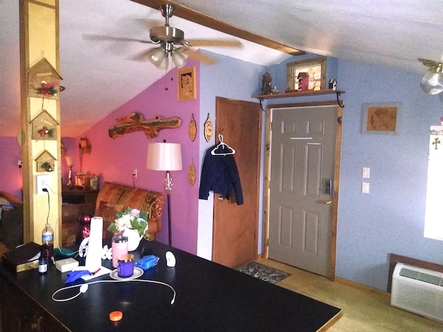 dining room with a wall mounted AC, ceiling fan, and vaulted ceiling